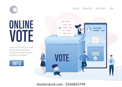 Modelo de página inicial de votação online. Um grupo de pessoas usa celulares. Grande Smartphone e urna. Referendo ou contexto eleitoral. Votação eletrônica. Ilustração de vetor de estilo moderno