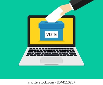 Online vote in laptop. Online poll in computer. Box, hand and ballot for election. Icon for internet vote and registration. Web poll in screen. Choice of voter for political, democracy. Vector.