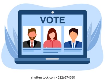 Online vote on laptop computer screen in flat design. Electronic voting concept vector illustration.