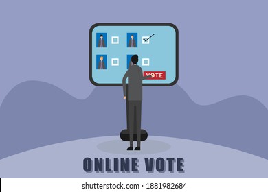 Online vote vector concept. Businessman choosing the candidate and pressing vote button on the computer screen