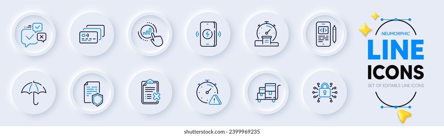 Online voting, Attention and Data security line icons for web app. Pack of Graph chart, Timer, Umbrella pictogram icons. Security lock, Card, Inventory cart signs. Phone code. Vector