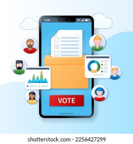 Cartel de votación en línea. Smartphone con personas e iconos de las urnas en pantalla. Sistema electrónico de votación para proyectos públicos, reglas del gobierno y elecciones. Ilustración de vector web en estilo 3D