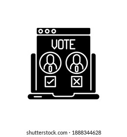 Online voting black glyph icon. Electronic polls. Election system. E-voting. Balloting. Participation in democratic process. Silhouette symbol on white space. Vector isolated illustration