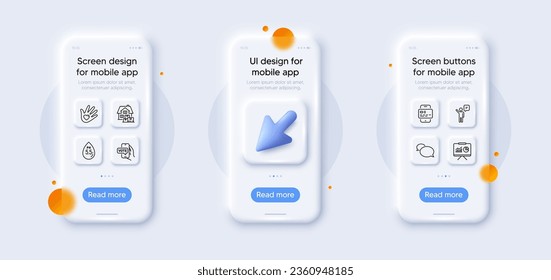 Online voting, Card and Agent line icons pack. 3d phone mockups with cursor. Glass smartphone screen. Ph neutral, Messenger, Presentation web icon. Social responsibility, Home moving pictogram. Vector