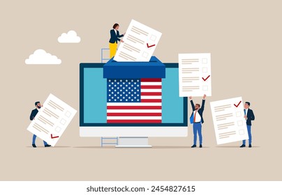 Online voting with computer screen, United States of America. Paper ballots to election box. Electronic voting system for elections. Flat vector illustration
