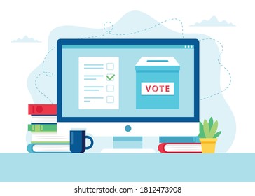 Online voting concept. A ballot box and a bulletin on monitor.