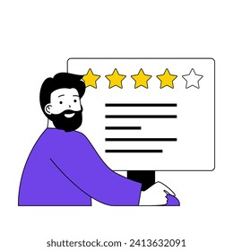 Online voting concept with cartoon people in flat design for web. Man giving feedback with stars rating for political candidate. Vector illustration for social media banner, marketing material.