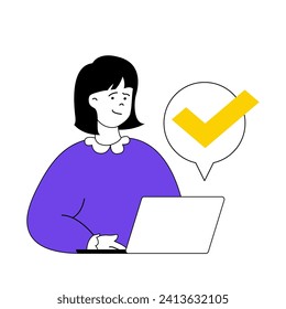 Online voting concept with cartoon people in flat design for web. Woman putting tick in election questionnaire form and using laptop. Vector illustration for social media banner, marketing material.