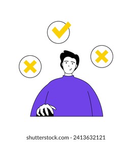 Online voting concept with cartoon people in flat design for web. Man takes part in democratic vote, choosing and applying checkbox. Vector illustration for social media banner, marketing material.