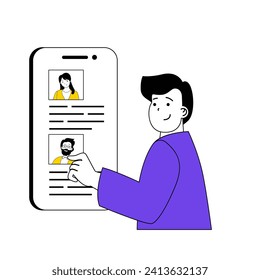 Online voting concept with cartoon people in flat design for web. Man choosing politicians and reading candidate profiles with photos. Vector illustration for social media banner, marketing material.