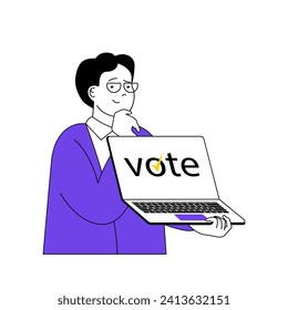 Online voting concept with cartoon people in flat design for web. Man making decisions and approves political candidates at laptop. Vector illustration for social media banner, marketing material.