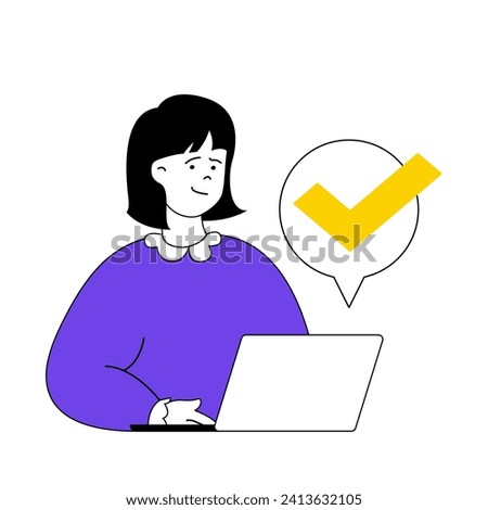 Online voting concept with cartoon people in flat design for web. Woman putting tick in election questionnaire form and using laptop. Vector illustration for social media banner, marketing material.