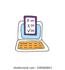 Online voting concept. Computer with green tick on-screen and keyboard. Voting, choice, election concept. Doodle hand drawn stile. Vector colored illustration for poster, cards and web.