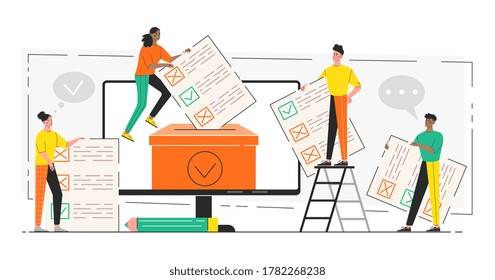 Online voting concept. Concept of democracy and community decisions. Diverse tiny people votiing at polling stations. Colored vector illustration