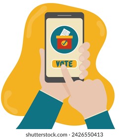 Online Voting Concept. Elections on the phone. A hand presses the voting button in an online election. Vector illustration in flat style