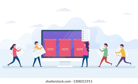 Online voting concept, electronic voting system with computer screen. Voters with newsletters in hands, ballot boxe, election internet system.