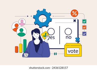 Online voting concept in flat neo brutalism design for web. Woman making decision and filling virtual vote form at democratic election. Vector illustration for social media banner, marketing material.