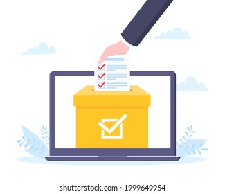 Online-Wahlkonzept Flach-Design Vektorgrafik. Riesenhand legt Wahlurne auf Laptop-Bildschirm Online-Umfrage Konzept der elektronischen Abstimmung modernen System politischen Wahlen Wettbewerb.