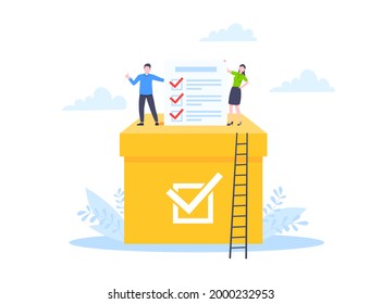 Online voting concept flat style design vector illustration. Tiny people with voting poll online survey working together. Concept of electronic modern system political competition and election.