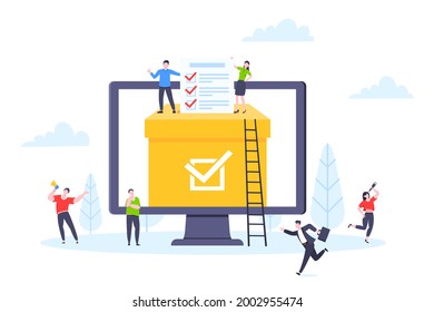 Online voting concept flat style design vector illustration. Tiny people with poll online survey working together. Concept of electronic voting modern system political competition and election.