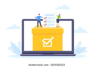 Online voting concept flat style design vector illustration. Tiny people with voting poll online survey working together. Concept of electronic modern system political competition and election.