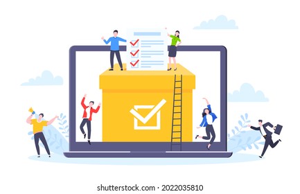 Online voting concept flat style design vector illustration. Tiny people with voting poll online survey working together. Concept of electronic modern system political competition and election.