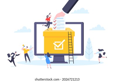 Ilustración vectorial del concepto de votación en línea de estilo plano. Pequeñas personas con encuestas de votación en línea trabajando juntas. Concepto de votación electrónica sistema moderno de competencia política y elección.