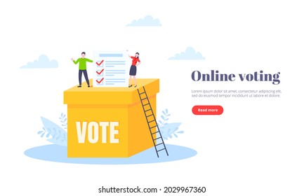 Ilustración vectorial del concepto de votación en línea de estilo plano. Pequeñas personas con encuestas de votación en línea trabajando juntas. Concepto de votación electrónica sistema moderno de competencia política y elección.
