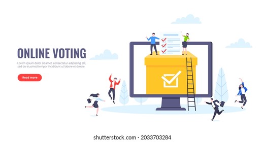Online voting concept flat style design vector illustration. Tiny people with voting poll online survey working together. Concept of electronic modern system political competition and election.