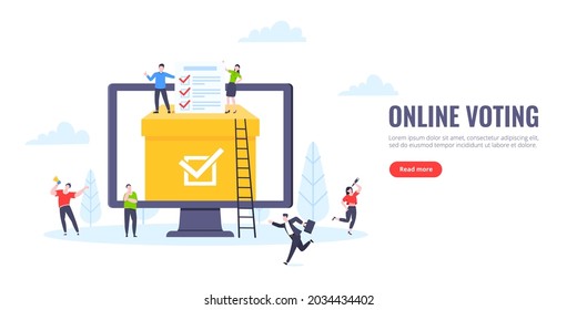 Online voting concept flat style design vector illustration. Tiny people with voting poll online survey working together. Concept of electronic modern system political competition and election.