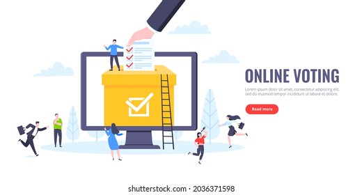 Online voting concept flat style design vector illustration. Tiny people with poll online survey working together. Concept of electronic voting modern system political competition and election.