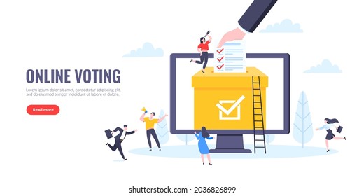 Online voting concept flat style design vector illustration. Tiny people with voting poll online survey working together. Concept of electronic modern system political competition and election.