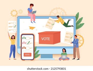 Online voting concept flat vector illustration. Computer screen with tiny people and voting box, voters making decisions. Modern electronic voting system for elections and government regulations.