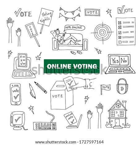 Online voting concept - hand drawn icon set. Simple single elements. Illustrations isolated on white background