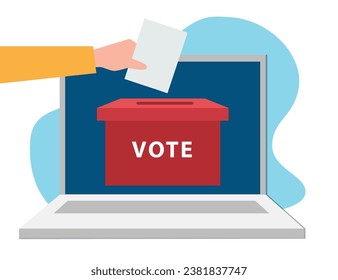 Concepto De Votación En Línea Con El Papel De Voto A Mano En La Urna En Portátil
