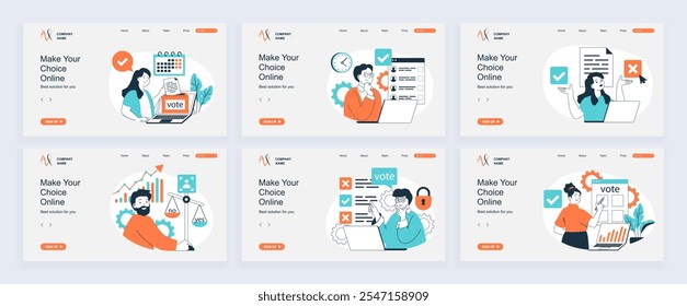 Concepto de votación en línea de la página de destino con Plantillas de diapositivas en diseño plano. Los encabezados de Sitio web con personas hacen que elijan en el voto político en línea y analizan la calificación política. Ilustraciones vectoriales.