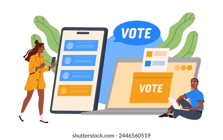 Online voting concept. Man and woman near latop with referendum and election campaign. Freedom of choic and speech. Electronic vote. Cartoon flat vector illustration isolated on white background