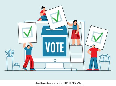 Online voting concept. Mini people with computer screen, voting box and voters. Digital political elections flat style vector illustration.