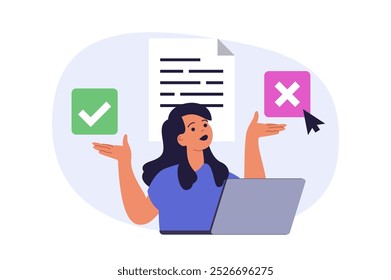 Online voting concept in modern flat design for web. Woman thinking, supporting and choosing her candidate in election list, making political decision in democratic survey form. Vector illustration.