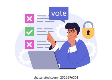 Online voting concept in modern flat design for web. Man analyzing candidate ratings, choosing and supporting candidate in election list, making political decision and ticking. Vector illustration.