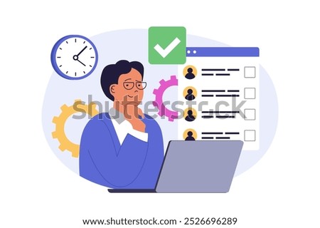 Online voting concept in modern flat design for web. Man thinking and making political decision in democratic survey, choosing his candidate in election list, ticking in form. Vector illustration.