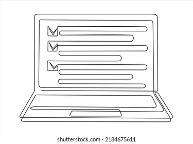 Online Voting Concept. One Continuous Line Drawing Of Computer Laptop With Checklist On It