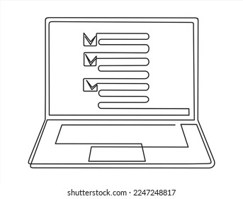 Online voting concept. One continuous line drawing of computer laptop with checklist on it