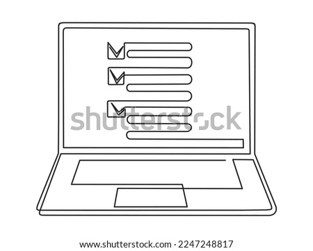 Online voting concept. One continuous line drawing of computer laptop with checklist on it