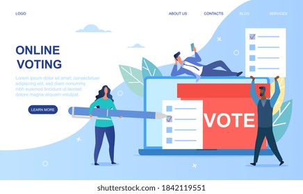 Online voting concept. People give vote and putting papper vote in to the ballot box. Website, webpage or landing page template. Flat cartoon vector illustration with fictional characters