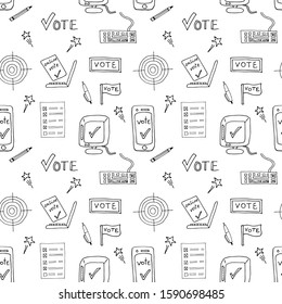 Online voting concept. Seamless pattern on white background. Line art vector, doodle stile illustration. For wrapping paper, scrap booking and printed matter. Computer, smartphone, checklist, target.
