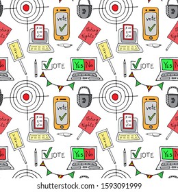 Online voting concept. Seamless pattern on white background. Line art vector, doodle stile illustration. For wrapping paper, scrap booking and printed matter. Computer, smartphone, checklist, target.