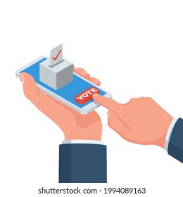 Online voting concept. Vector illustration isometric design style. A man holds a smartphone in his hand. Make your choice. Bulletin, puts in ballot box. Election vote. Politics poll. 