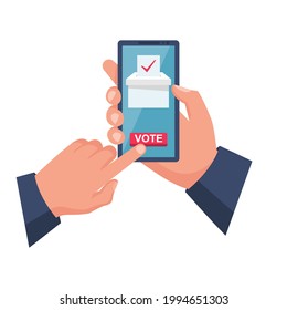 Online voting concept. Vector illustration flat design style. A man holds a smartphone in his hand. Make your choice. Bulletin, puts in ballot box. Election vote. Politics poll. 