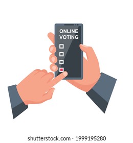 Online voting concept. Vector illustration isometric design style. A man holds a smartphone in his hand. Make your choice. Bulletin, puts in ballot box. Election vote. Politics poll. 